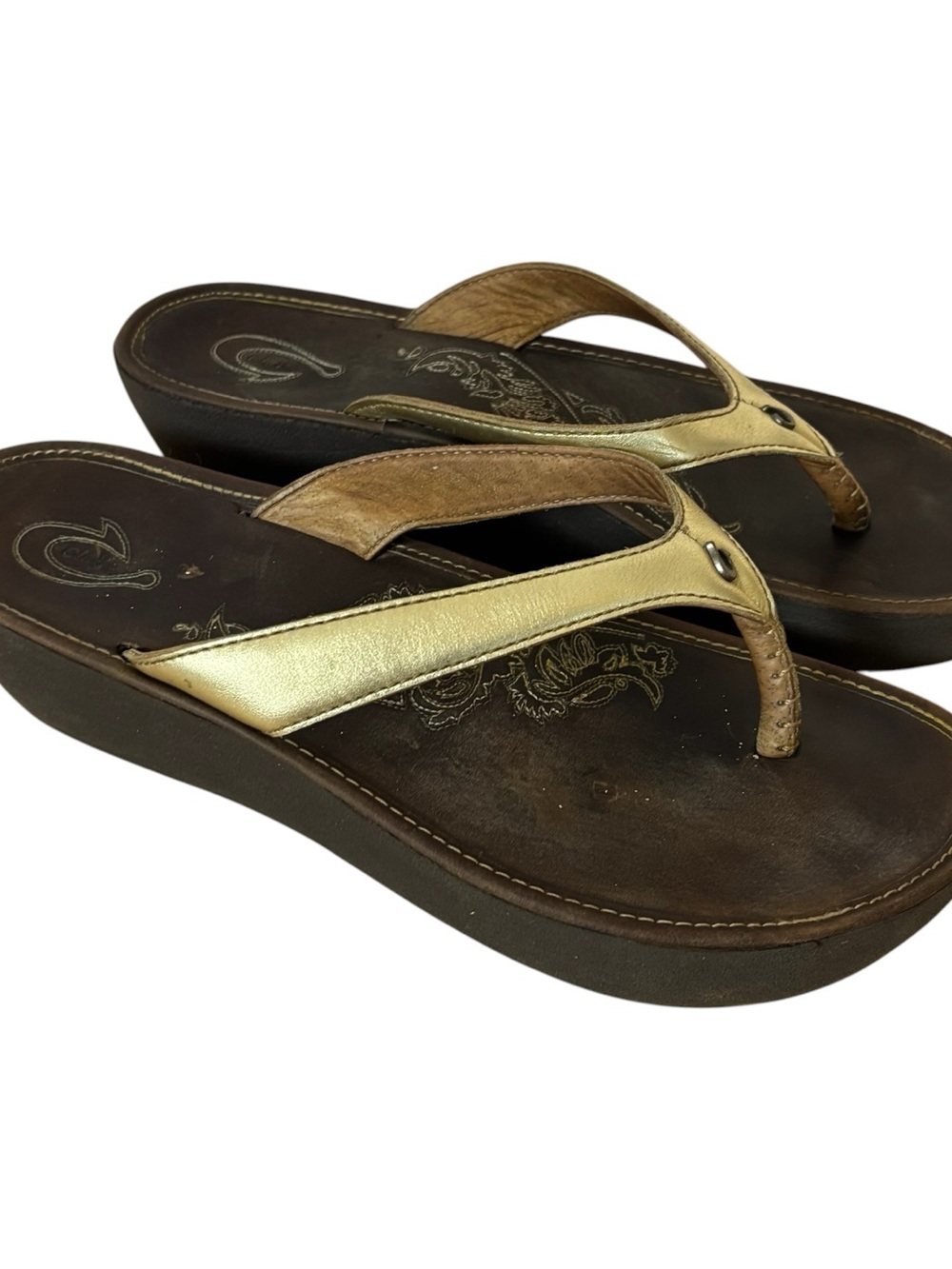 Olukai wedge heels sandals thong gold leather size 9. - Picture 3 of 8